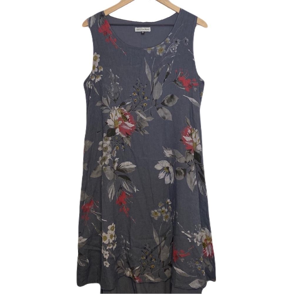 100% Lin Blanc Tiered Linen Floral Print Dusty Blue Sleeveless Dress Large